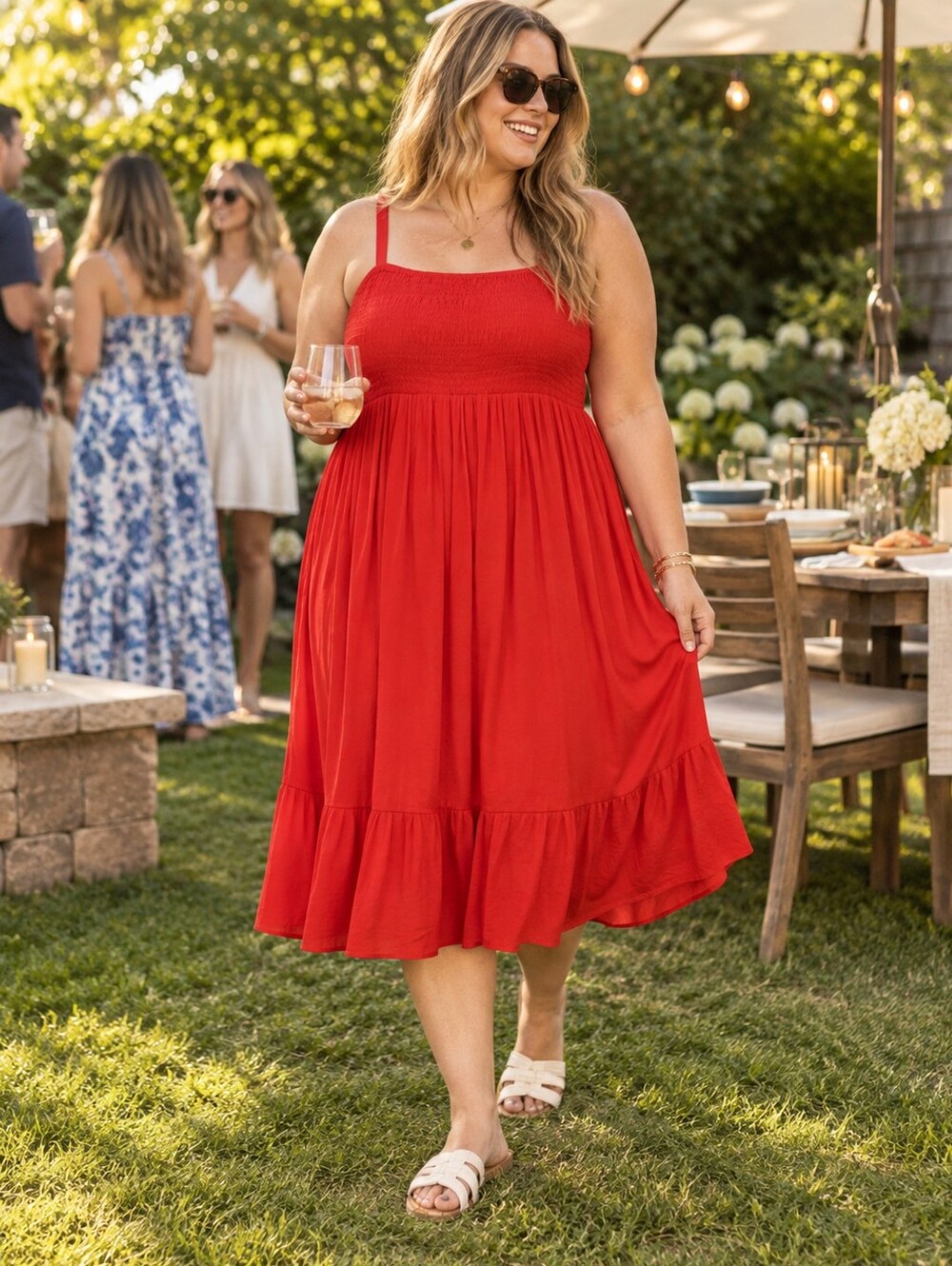 Torrid Washable Gauze Smocked Bodice Tiered A-line Midi Dress in Red Women's 3X